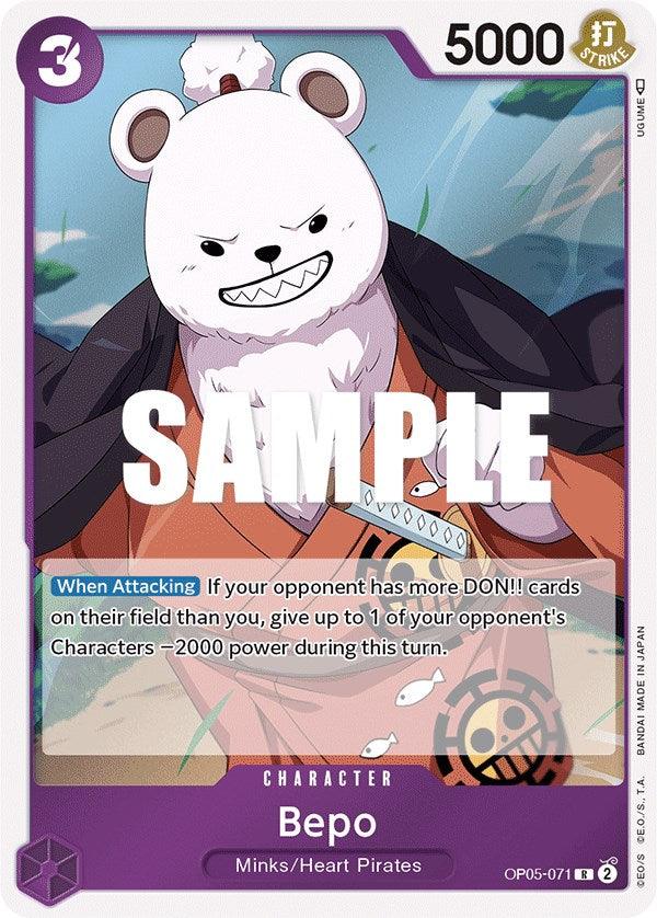 A rare trading card featuring Bepo, a character from the One Piece series. Bepo is an anthropomorphic bear with white fur, wearing an orange jumpsuit. The card includes game attributes: 3 cost, 5000 power, and an ability that reduces an opponent's character's power. The word "SAMPLE" is overlaid on the card. This product is called Bepo [Awakening of the New Era] by Bandai.