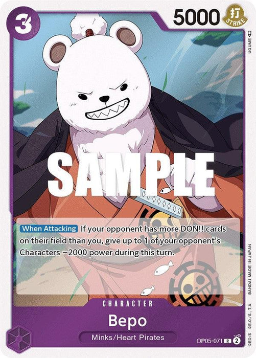 A rare trading card featuring Bepo, a character from the One Piece series. Bepo is an anthropomorphic bear with white fur, wearing an orange jumpsuit. The card includes game attributes: 3 cost, 5000 power, and an ability that reduces an opponent's character's power. The word "SAMPLE" is overlaid on the card. This product is called Bepo [Awakening of the New Era] by Bandai.