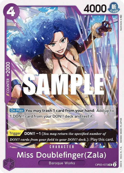A character card featuring Miss Doublefinger(Zala) from Baroque Works with intricate blue hair and a yellow shirt under a black coat. The card has 4 cost, 4000 power, and +2000 counter. Special abilities include trashing a card to use one DON!! card and a trigger ability for returning DON!! cards. The product name is Miss Doublefinger(Zala) [Awakening of the New Era], by Bandai.