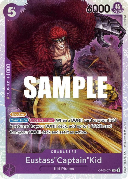 A Bandai Eustass "Captain" Kid [Awakening of the New Era] trading card featuring Eustass "Captain" Kid. This Character Card showcases Kid with red hair, goggles, and a menacing grin while wielding mechanical arms. It has a 5-cost, 6000 power, counter +1000 with Blocker and an Awakening of the New Era ability. The text "SAMPLE" is displayed prominently.