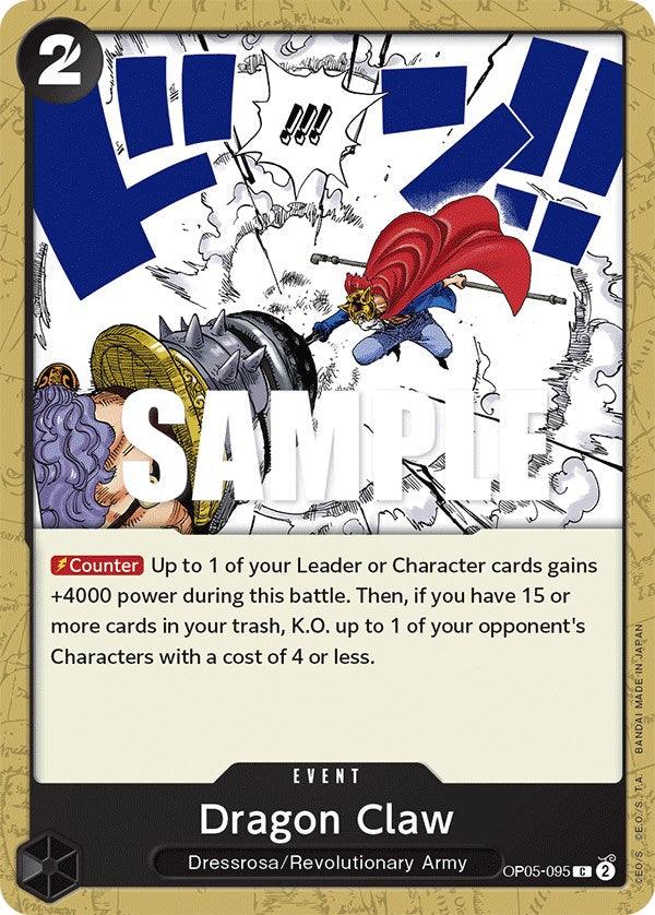 The Bandai product "Dragon Claw [Awakening of the New Era]" from the One Piece Card Game, designated as OP05-095, showcases an illustration of a character in a red cape attacking with clawed hands. This event counter card belongs to the Dressrosa/Revolutionary Army category and its effects and requirements are detailed in the text box.