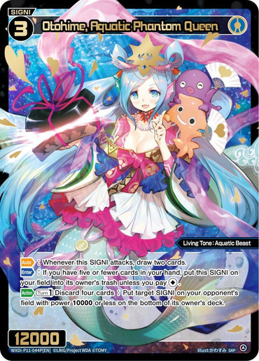 A fantasy card image titled "Otohime, Aquatic Phantom Queen (SRP) (WXDi-P11-044P[EN]) [Reunion Diva]." It depicts a female character with blue hair, wearing an ornate outfit with seashells and aquatic motifs. She holds a small, purple octopus-like creature. The background has a magical, underwater theme. This SIGNI card boasts Power 12000 and detailed ability text under the brand name TOMY.