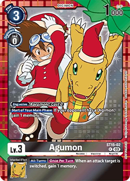 A Digimon promo card featuring a playful dragon-like creature named Agumon wearing a Santa hat and a red scarf. A child in a Santa outfit and goggles is excitedly holding Agumon's arm. The card details include Level 3, 1000 DP, with special effects like memory gain and attack switching benefits from the Starter Deck: Dragon of Courage. The product name is Agumon [ST15-02] (Winter Holiday 2023) [Starter Deck: Dragon of Courage], by Digimon.