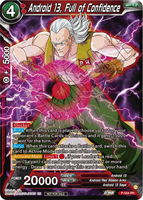 A trading card titled "Android 13, Full of Confidence" from the Android 13 Saga. This promo card features a muscular android with white hair, an orange cap, a green vest, and dark gloves. Lightning crackles around him as he clenches his fist. The card includes stats, abilities, and text descriptions with a power level of 20000. The product is **Android 13, Full of Confidence (Zenkai Series Tournament Pack Vol.6) (P-554) [Tournament Promotion Cards]** from **Dragon Ball Super**.