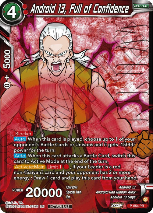 A promo card featuring Android 13, Full of Confidence (Zenkai Series Tournament Pack Vol.6) (Winner) (P-554) [Tournament Promotion Cards] from the Dragon Ball Super series. He is depicted with white hair, blue skin, and a menacing expression, wearing a red sash and green earrings. The card's border is red with various stats, abilities, and text describing his powers. Power level is 20000.