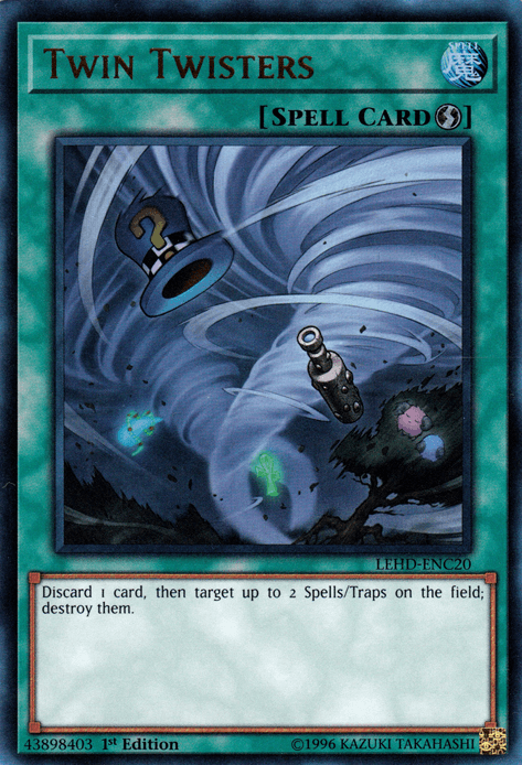 A "Yu-Gi-Oh!" card titled Twin Twisters [LEHD-ENC20] Ultra Rare, found in Legendary Hero Decks, depicting two swirling tornadoes. One targets a wizard's hat, and the other a bottle. This Quick Play Spell card reads: "Discard 1 card, then target up to 2 Spells/Traps on the field; destroy them.