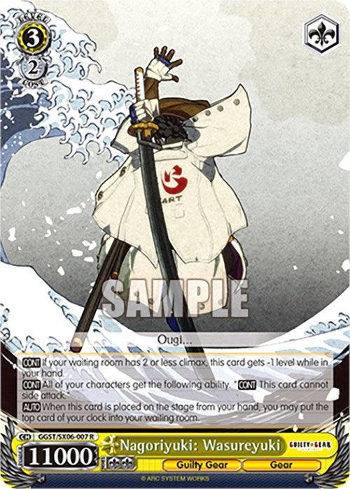 A Nagoriyuki: Wasureyuki (GGST/SX06-007 R) [Guilty Gear -Strive-] trading card by Bushiroad featuring Nagoriyuki: Wasureyuki. This Rare Character Card has a grey background and displays a character in white attire with a sword. The card includes attack information, detailed abilities, and various stats such as Yellow Level 3, power 11000, and soul 2.