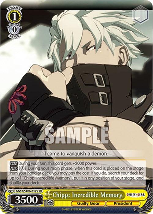 A Super Rare collectible character card featuring Chipp from Guilty Gear titled "Chipp: Incredible Memory (GGST/SX06-012S SR) [Guilty Gear -Strive-]." Chipp is depicted with white hair, a black sleeveless outfit and gloves, and a black belt around his neck. The card includes stats like 3500 power, level 1, and various game-related text and abilities. This product is from Bushiroad.