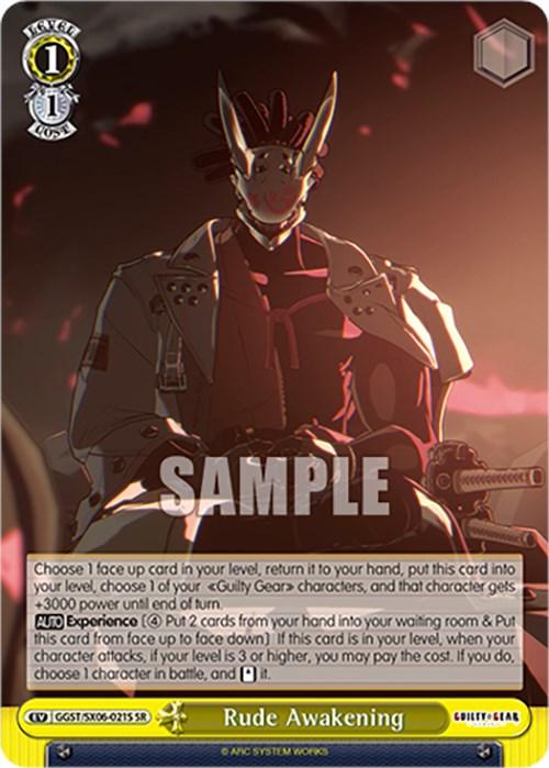 Image of a Super Rare trading card titled "Rude Awakening (GGST/SX06-021S SR) [Guilty Gear -Strive-]" from the "Bushiroad" series. The card features a character in futuristic armor with a serene yet intense expression, against a dark background with warm lighting. Card details include level, abilities, and flavor text. Text "SAMPLE" is stamped across the middle.