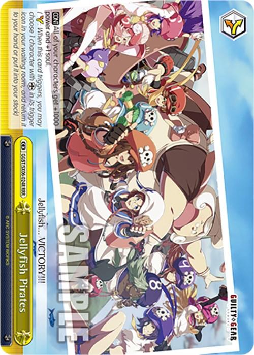 The Jellyfish Pirates (GGST/SX06-024R RRR) [Guilty Gear -Strive-] card from Bushiroad features an illustration of 12 colorful characters in action poses. A text box includes character information and game details. With a yellow and blue border, the Triple Rare card's name, "Jellyfish Pirates," stands out alongside the Guilty Gear logo on the top right.