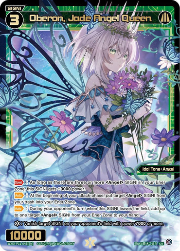 A trading card titled "Oberon, Jade Angel Queen (WXDi-P11-045[EN]) [Reunion Diva]" from TOMY depicts a fantasy character with light hair, wings, and a green-themed outfit adorned with flowers. The SR Rarity card features various stats, abilities, and descriptions in white text on a colorful background. The Angel SIGNI is holding blue and purple flowers.