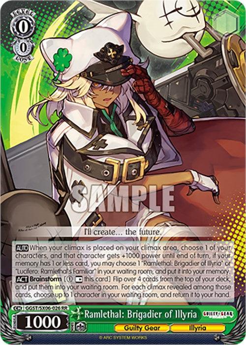 A Double Rare trading card depicts 'Ramlethal: Brigadier of Illyria (GGST/SX06-026 RR) [Guilty Gear -Strive-]' from Bushiroad in a stylized anime art. Ramlethal, a white-haired character with a military-style uniform and cap, stands confidently holding a large sword. The card text is detailed, outlining special abilities and stats, with a vibrant illustration in the background.