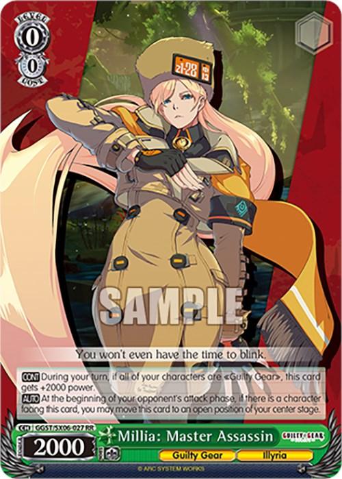 A trading card features Millia from "Guilty Gear." She has long, blonde hair, wears a green outfit with a hat, and strikes a confident pose. Text reads "Millia: Master Assassin (GGST/SX06-027 RR) [Guilty Gear -Strive-]." This Double Rare Character Card by Bushiroad's stats include Level 0, Cost 0, and 2000 Power. Abilities and flavor text are displayed at the bottom.