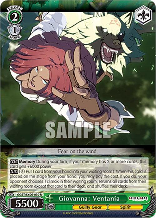 A rare trading card featuring Giovanna from Guilty Gear. She has red hair and performs a dynamic fighting move with her dog, Rei, a green spirit wolf. The character card displays its stats: Level 2, Cost 1, and Power 5500, along with some descriptive text and abilities. The product name is Giovanna: Ventania (GGST/SX06-030 R) [Guilty Gear -Strive-] by Bushiroad.