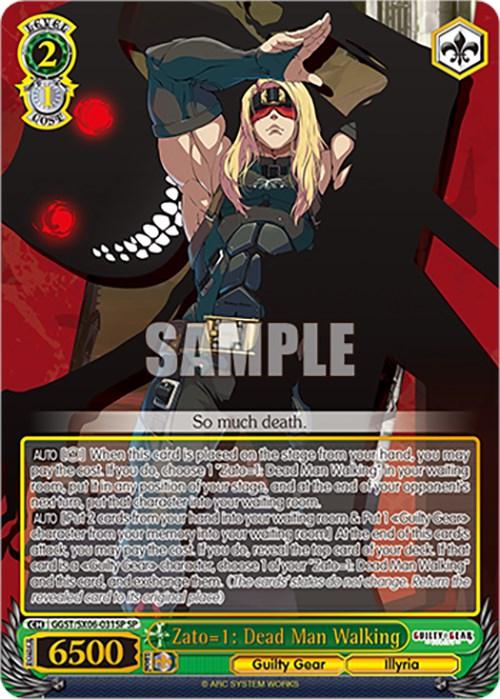 A Bushiroad trading card featuring Zato-1: Dead Man Walking (GGST/SX06-031SP SP) [Guilty Gear -Strive-]. Card text overlays an image of Zato-1 with long blonde hair, wearing black clothes and a red visor, standing in front of a menacing black figure with sharp teeth. The card has a power rating of 6500. The text "So much death" appears in the middle.