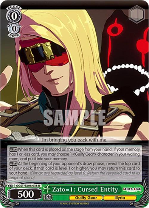 A collectible Zato=1: Cursed Entity (GGST/SX06-036 U) [Guilty Gear -Strive-] card from the game "Guilty Gear" by Bushiroad features an uncommon character named Zato=1. With long blonde hair, dark sunglasses, and a serious expression, Zato=1's abilities are detailed in text boxes below his image as a shadowy figure with red eyes looms behind him.