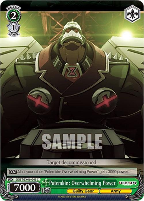 A card depicts a powerful, armored figure with spiked pauldrons and a helmet marked with "Z." He stands authoritatively, hands resting on a table. The character card, titled "Potemkin: Overwhelming Power (GGST/SX06-045 C) [Guilty Gear -Strive-]" from Guilty Gear -Strive-, features stats at the bottom: Level 2, Cost 1, and Power 7000. Text below reads
