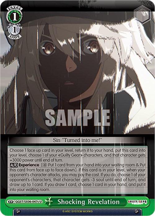 A trading card titled "Shocking Revelation (c) (GGST/SX06-047c U) [Guilty Gear -Strive-]" from Bushiroad features an illustration of a character named Sin with light hair, wide eyes, and a shocked expression against a dark background. The card includes game text describing effects related to levels, experience, and Guilty Gear: Strive characters.