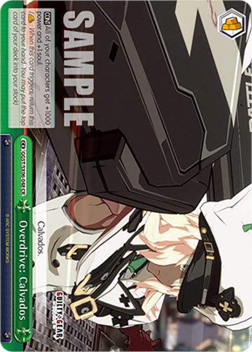 A trading card titled "Overdrive: Calvados (GGST/SX06-048 CR) [Guilty Gear -Strive-]" from Bushiroad. It features a character in white and green armor wielding a large sword. The upper section contains game text and symbols, while the lower section displays the character against a backdrop with vibrant colors. This Climax Rare card is a must-have for collectors.