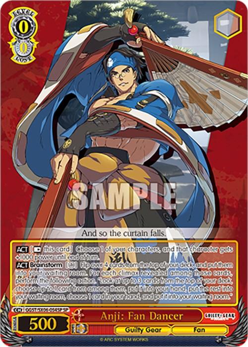 A "Anji: Fan Dancer (GGST/SX06-054SP SP) [Guilty Gear -Strive-]" trading card by Bushiroad. This Special Rare character card features an illustrated character wielding a fan, adorned in blue and yellow clothing with flowing red fabric behind them. The card includes multiple stats, game details, and the word "SAMPLE" in large, white text across the center.