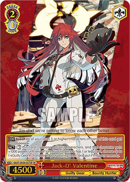 A trading card features the rare character Jack-O' Valentine (GGST/SX06-057SP SP) [Guilty Gear -Strive-] from Bushiroad. She has long red hair, wears a white outfit with a pumpkin-themed mask, and poses confidently. The card is bordered in red and showcases various stats, abilities, and affiliations. Text at the bottom reads: "I'm glad we're getting to know each other better.