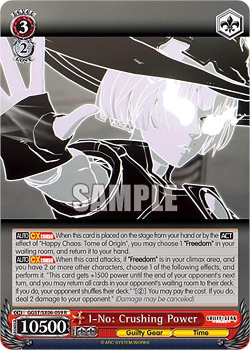 A trading card titled "I-No: Crushing Power (GGST/SX06-059 R)" from Guilty Gear -Strive-. It features a rare character card with an animated character with white hair and a black witch hat in a dynamic pose. The card has detailed game text, stats including a power rating of 3500, and the word "SAMPLE" over the character image. This product is branded by Bushiroad.