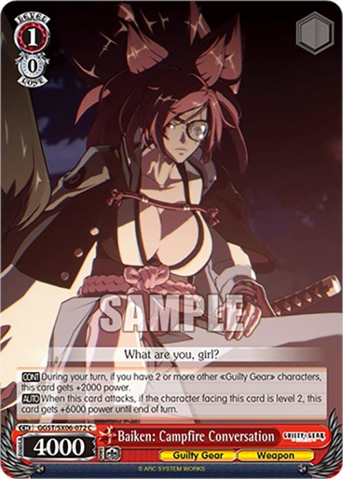 A Bushiroad Guilty Gear card featuring Baiken: Campfire Conversation (GGST/SX06-072 C) [Guilty Gear -Strive-] stands with a serious expression, wearing traditional, warrior-like attire. Stats: Level 1, Cost 0, 4000 Power. Text includes: "Baiken: Campfire Conversation." Abilities: boosts and 2000 power gain. Background: dark red color with detailed character art.