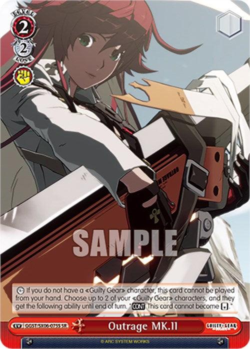 A Super Rare trading card titled "Outrage MK.II (GGST/SX06-075S SR) [Guilty Gear -Strive-]" by Bushiroad features an anime-style character with red hair, holding a large mechanical weapon. The character wears a white jacket with armor details, reminiscent of Guilty Gear -Strive-. Text at the bottom provides game rules in small print, and "SAMPLE" is overlaid in the center.