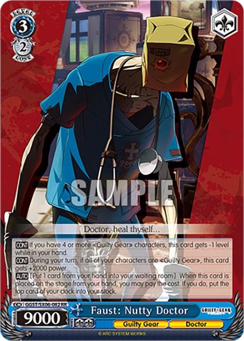 A Bushiroad trading card depicts "Faust: Nutty Doctor (GGST/SX06-082 RR) [Guilty Gear -Strive-]." The character wears a green robe and a paper bag over their head, holding a giant syringe in one hand and a test tube in the other. The card includes various stats and abilities in a textbox at the bottom.