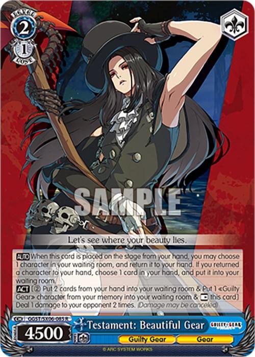 A trading card features a dark-haired character from Guilty Gear -Strive-, wearing a pirate outfit complete with a hat, eyepatch, and ornate sword. The rare character stands against a red splattered background. Text boxes contain details of the character’s abilities and stats, with "SAMPLE" overlaid in the center. The product is Testament: Beautiful Gear (GGST/SX06-085 R) [Guilty Gear -Strive-] by Bushiroad.