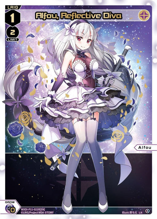 Illustration of a character named Alfou, Reflective Diva (LR) (WXDi-P11-021R[EN]) [Reunion Diva] from the TOMY card game. Alfou, dressed in a purple and white outfit with rose accents and thigh-high stockings, has long white hair with purple tips. She holds a purple folding fan and stands in a dynamic pose amidst sparkles and petals.