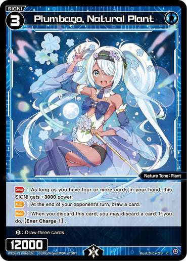 A trading card named "Plumbago, Natural Plant (WXDi-P11-069[EN]) [Reunion Diva]" by TOMY. It depicts an anime-style character with light blue hair adorned with white flowers. The character holds a star-shaped staff and is dressed in a costume with floral motifs. The SIGNI card boasts Power 12000 and features game stats in a sci-fi themed layout.