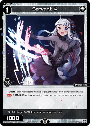 Illustration of the TOMY card "Servant # (WXDi-P11-084[EN]) [Reunion Diva]" from the game WIXOSS. It features a silver-haired girl in a black and gray outfit with pink energy emanating from her right hand. She stands in a dynamic pose, with a white and pink glowing symbol behind her. The card text describes its Life Burst abilities.