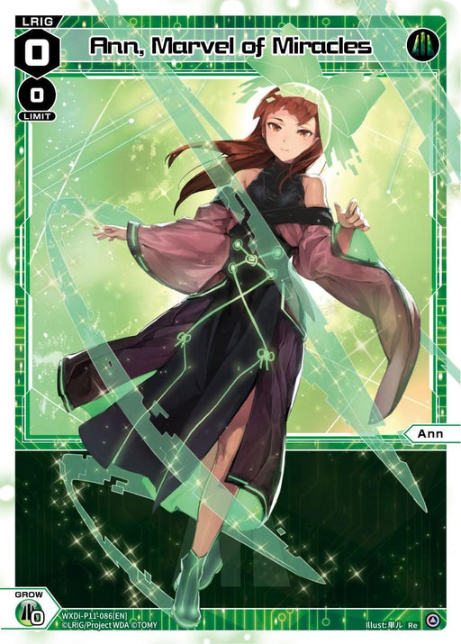 A card titled "Ann, Marvel of Miracles (WXDi-P11-086[EN]) [Reunion Diva]" from TOMY features an anime-style character with red hair, green eyes, and a black and pink outfit accented with green. She is surrounded by holographic circuitry patterns with her hands posed in a dynamic gesture. The background resembles a digital, futuristic green matrix in the style of Reunion Diva's LRIG series.