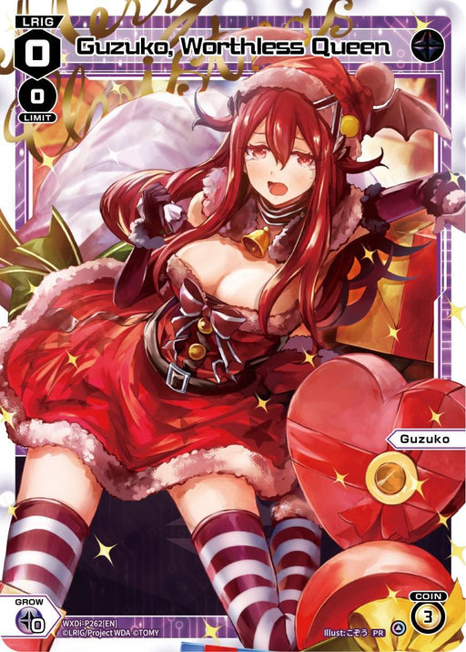 A trading card depicting Guzuko, a LRIG character with long red hair, animal-like ears, and a festive outfit. She is wearing a red dress with white fur trim, striped thigh-high stockings, and black gloves. She holds a large, red, heart-shaped bag. Text at the top reads "Guzuko, Worthless Queen (Christmas Celebration) (WXDi-P262[EN]) [Promo Cards]." Brand name TOMY.