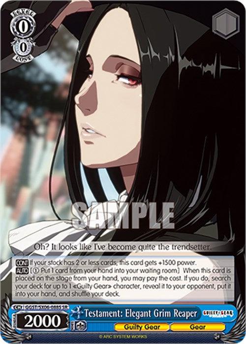 Image of a Super Rare trading card featuring "Testament: Elegant Grim Reaper (GGST/SX06-088S SR) [Guilty Gear -Strive-]" from Bushiroad. The card displays a character with long black hair, pale skin, and red eyes. The character's pose is serene with a slight smile. Text on the card provides stats and effects for gameplay.