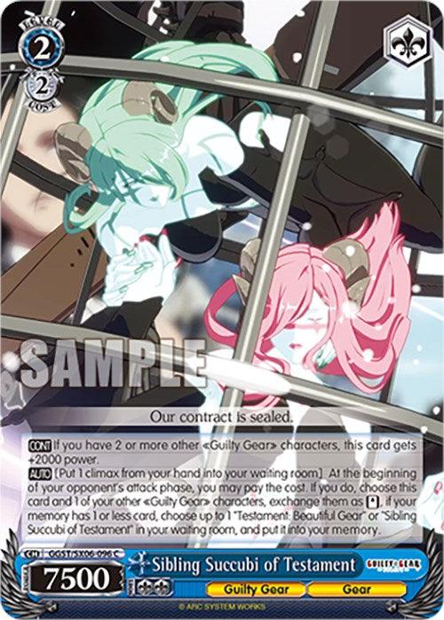 A collectible character card from “Bushiroad,” titled “Sibling Succubi of Testament (GGST/SX06-096 C) [Guilty Gear -Strive-].” The card features a dual-image of two anime-style characters, one with light green hair and the other with pink hair, each holding weapons. It includes various stats and abilities detailed in the text box.
