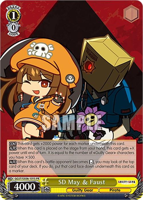 A promo trading card featuring two animated characters from "Guilty Gear": SD May and Faust. May, on the left, wears an orange hat with an anchor emblem and wields a large anchor. Faust, on the right, sports a paper bag over his head and holds a stuffed toy. The character card, SD May & Faust (GGST/SX06-101S PR (Foil) [Guilty Gear -Strive-], by Bushiroad includes various stats and text descriptions.