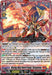 A vibrant trading card featuring 'Blazing Holy Sword Equip, Stravairina (D-BT13/001EN) [Flight of Chakrabarthi]' from the Dragon Empire. The card shows an armored warrior with a flaming sword, surrounded by bright flames and intricate designs. Classified as Triple Rare, it includes text detailing stats like 13,000 power on the lower half by Bushiroad.