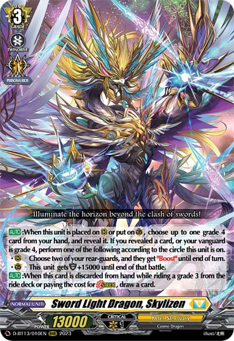 A trading card featuring "Sword Light Dragon, Skylizen (D-BT13/010EN) [Flight of Chakrabarthi]." The Bushiroad Triple Rare card shows an armored Cosmo Dragon wielding a sword, glowing with golden light. Surrounded by energy with wings spread, the card text details abilities, effects, power, and criticals. Part of the Keter Sanctuary, Grade 3.