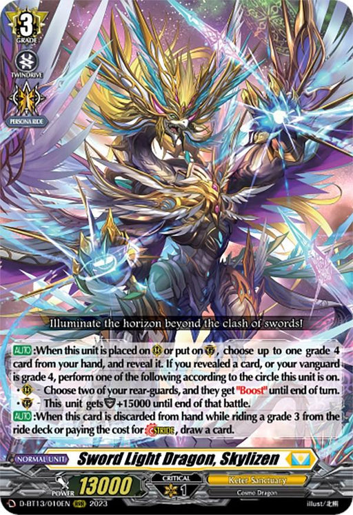 A trading card featuring "Sword Light Dragon, Skylizen (D-BT13/010EN) [Flight of Chakrabarthi]." The Bushiroad Triple Rare card shows an armored Cosmo Dragon wielding a sword, glowing with golden light. Surrounded by energy with wings spread, the card text details abilities, effects, power, and criticals. Part of the Keter Sanctuary, Grade 3.