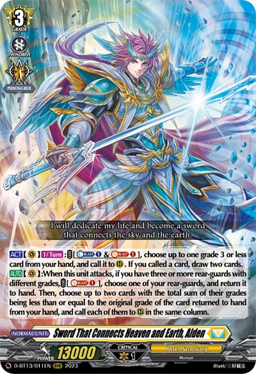 A fantasy-themed trading card, "Sword That Connects Heaven and Earth, Alden (D-BT13/011EN) [Flight of Chakrabarthi]," featuring an armored character with magenta hair wielding a lightning-like sword. Clad in blue and gold ornate armor, this Triple Rare card from Bushiroad includes numerous icons, stats, game rules text and the Persona Ride feature.