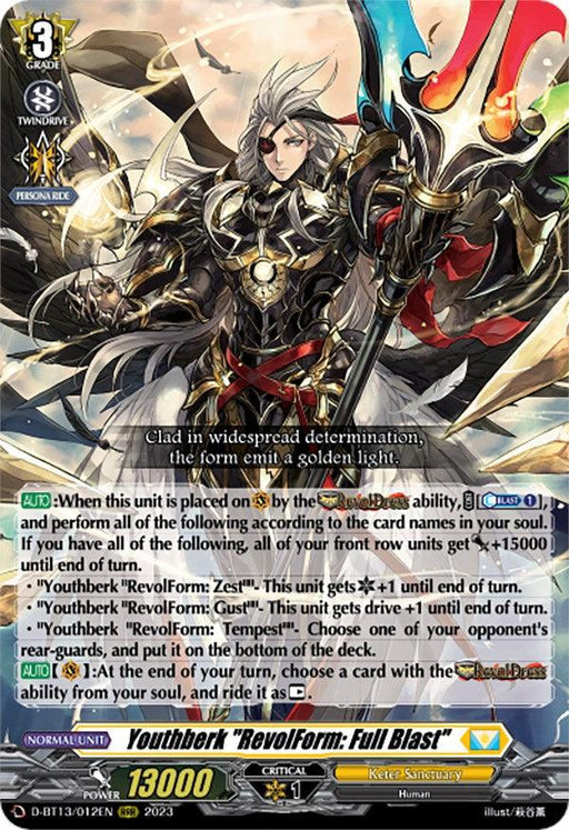 A [Bushiroad] trading card featuring a character named Youthberk "RevolForm: Full Blast" (D-BT13/012EN) [Flight of Chakrabarthi]. The warrior, with flowing silver hair and intricate golden armor, wields a sword amidst radiant energy and golden light. This Triple Rare card includes stats, abilities like Persona Ride, and descriptive text.