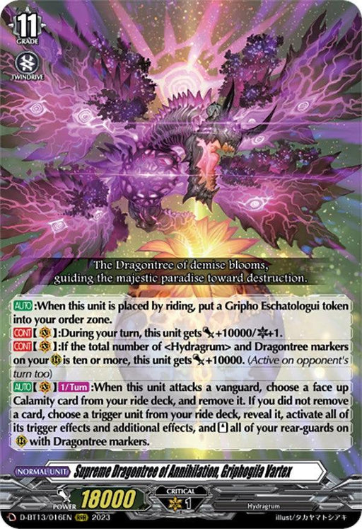 An intricate trading card depicting "Supreme Dragontree of Annihilation, Griphogila Vartex (D-BT13/016EN) [Flight of Chakrabarthi]." It features dragon-themed artwork with detailed and vibrant illustrations in shades of purple and green. Marked as a Triple Rare, the card showcases its stats, abilities, and description in both English and Japanese text. The card is part of the Bushiroad brand.