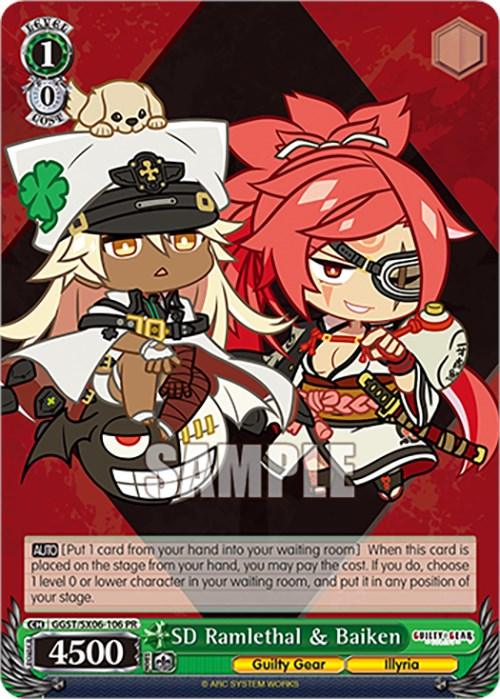 A Bushiroad product, SD Ramlethal & Baiken (GGST/SX06-106 PR) [Guilty Gear -Strive-], features two animated characters titled "SD Ramlethal & Baiken" from the "Guilty Gear -Strive-" series. One character, with pale skin and white hair under a black cap, wields weapons while the other, with red hair, an eyepatch, and a kimono, strikes a dynamic pose. Numbers and game details are also present.