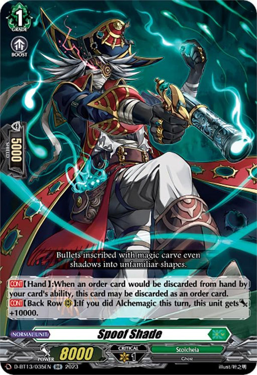 A Double Rare trading card featuring "Spoof Shade (D-BT13/035EN) [Flight of Chakrabarthi]" from the game Cardfight!! Vanguard. The character is a mechanical pirate with a large rifle, colorful outfit, and metallic hat. With a Grade of 1, Power of 8000, and Shield of 5000, the text details are clearly visible. This product is made by Bushiroad.