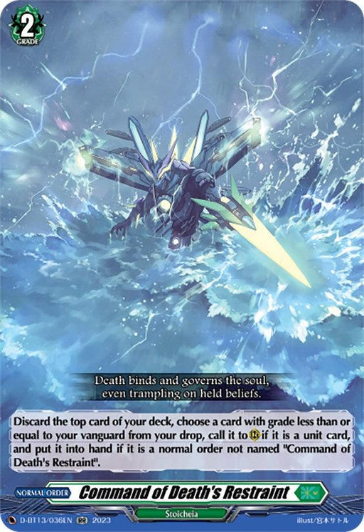 A fantasy illustration features a mechanical sea creature resembling an Abyss Dragon, its glowing green eyes and sharp, fin-like appendages emerging from turbulent blue ocean waters. Text at the bottom provides instructions for a card game. The card title at the bottom reads "Command of Death's Restraint (D-BT13/036EN) [Flight of Chakrabarthi]," marked as Double Rare and branded by Bushiroad.