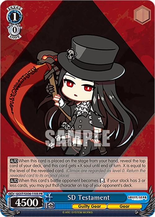 A promo playing card featuring a character illustration. The character has long black hair, wears a black top hat and coat, and holds a scythe. Named "SD Testament (GGST/SX06-110S PR) (Foil) [Guilty Gear -Strive-]" from Bushiroad, the card's power is "4500," with various game instructions and text in the bottom half.