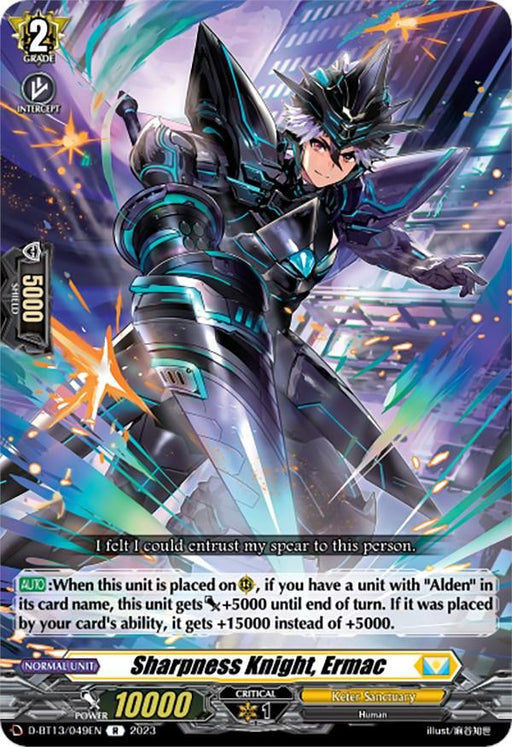 A card from the trading card game "Cardfight!! Vanguard" featuring the character Sharpness Knight, Ermac (D-BT13/049EN) [Flight of Chakrabarthi] by Bushiroad. The card showcases a futuristic knight in sleek, metallic armor with teal highlights, dynamically posing with a spear. Text details Grade 2, Power 10000, Critical 1.