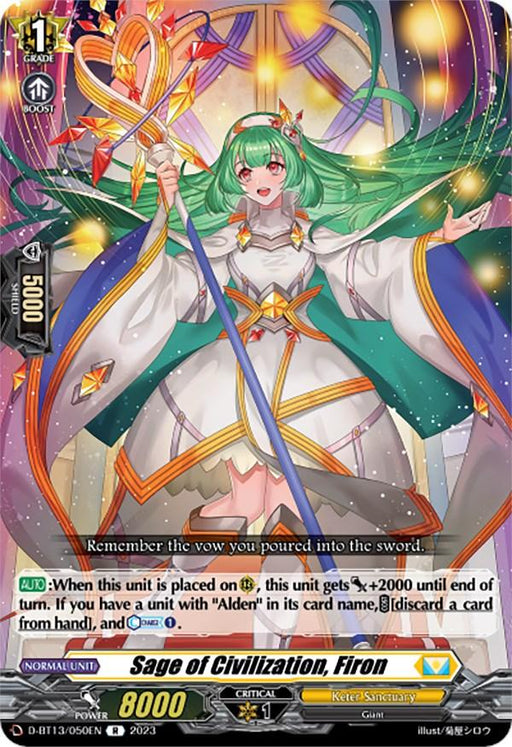 A rare card featuring "Sage of Civilization, Firon (D-BT13/050EN) [Flight of Chakrabarthi]." The illustration shows a green-haired female mage in white and gold robes, holding a staff. She stands before a magical Keter Sanctuary background. The bottom contains card stats, abilities, and game text. This product is brought to you by Bushiroad.